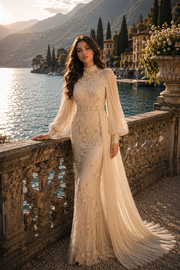 Roxanne Beaded Modest Evening Gown - Beige