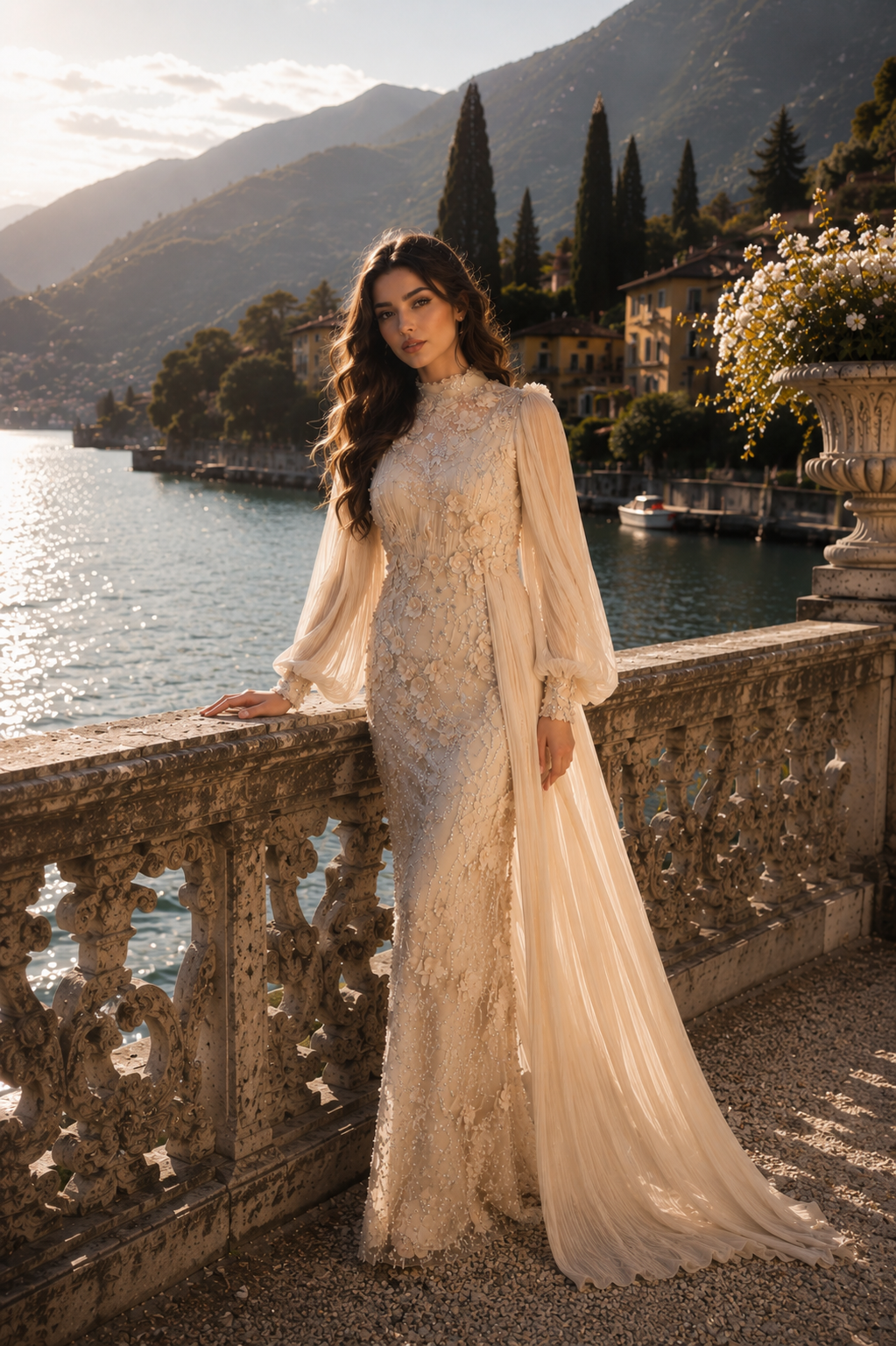 Roxanne Beaded Modest Evening Gown - Beige