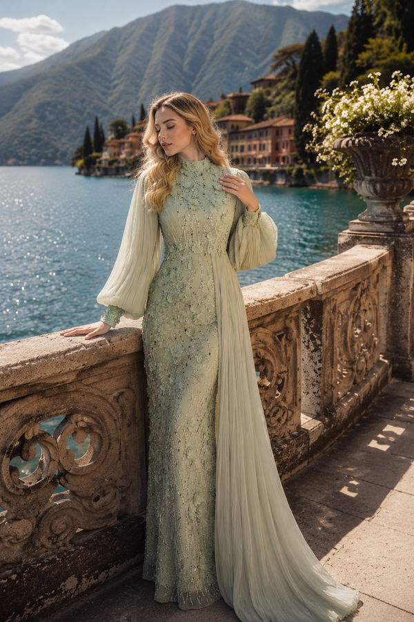 Roxanne Beaded Modest Evening Gown - Mint