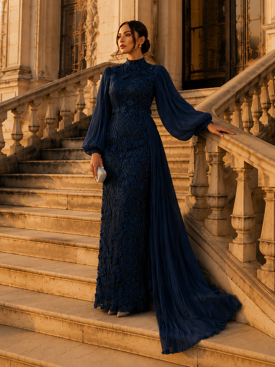 Roxanne Beaded Modest Evening Gown - Navy Blue