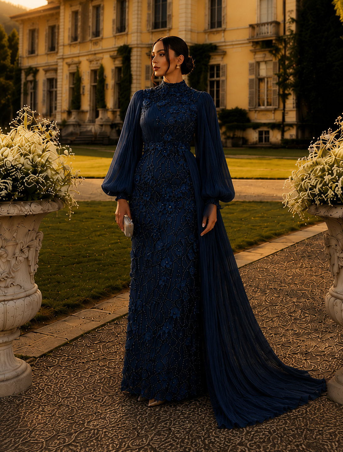 Roxanne Beaded Modest Evening Gown - Navy Blue