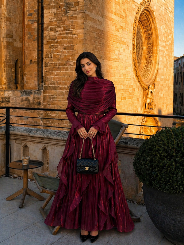 Burgundy Chiffon Modest Evening Gown