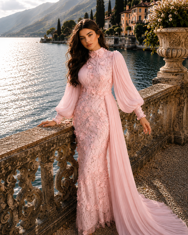 Roxanne Beaded Modest Evening Gown - Pink