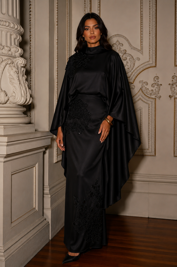 Soraya Stone-Embellished Modest Satin Cape Pencil Dress - Evening Dress - Black