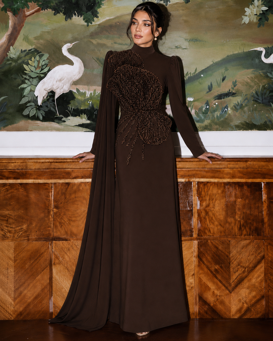 Latifa Beaded Crepe Modest Evening Gown - Brown
