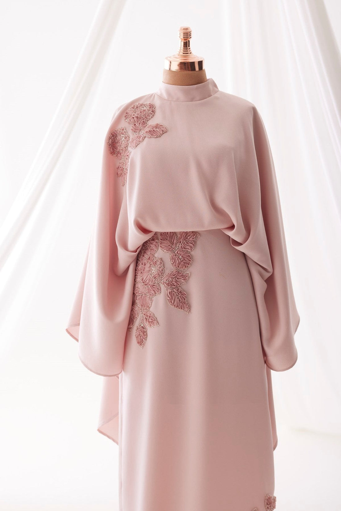Soraya Stone-Embellished Modest Satin Cape Pencil Dress - Evening Dress - Poudra