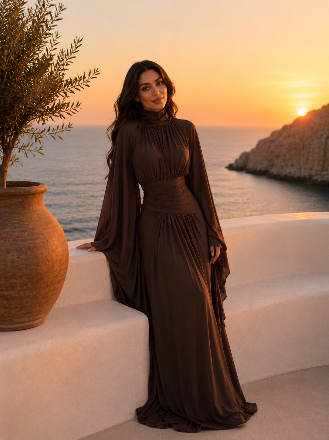 Ophelia Asymmetric Draped Evening Dress - Brown