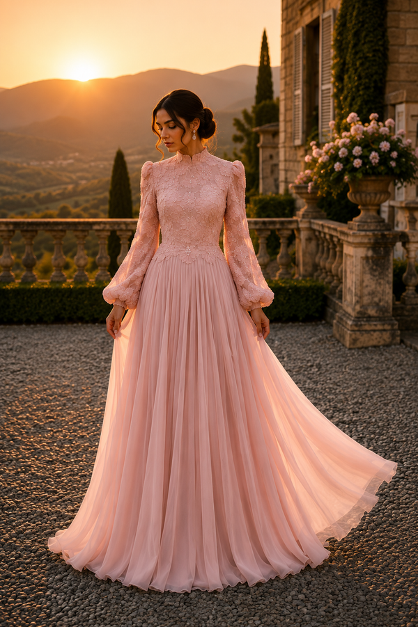 Arwen Embroidered Balloon Sleeve Gown - Pink