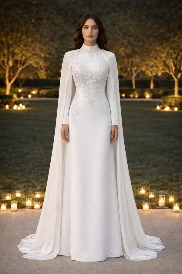 White Snowflake Modest Evening Dress - Elegant Maxi Bridal Gown
