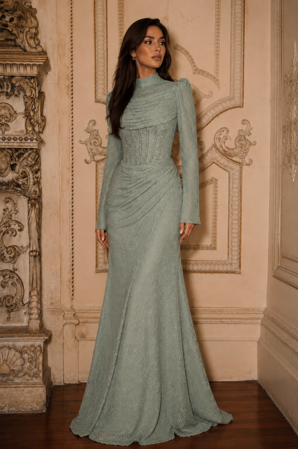 Rosalia Corset-Detail Lace Evening Gown | Mint Green