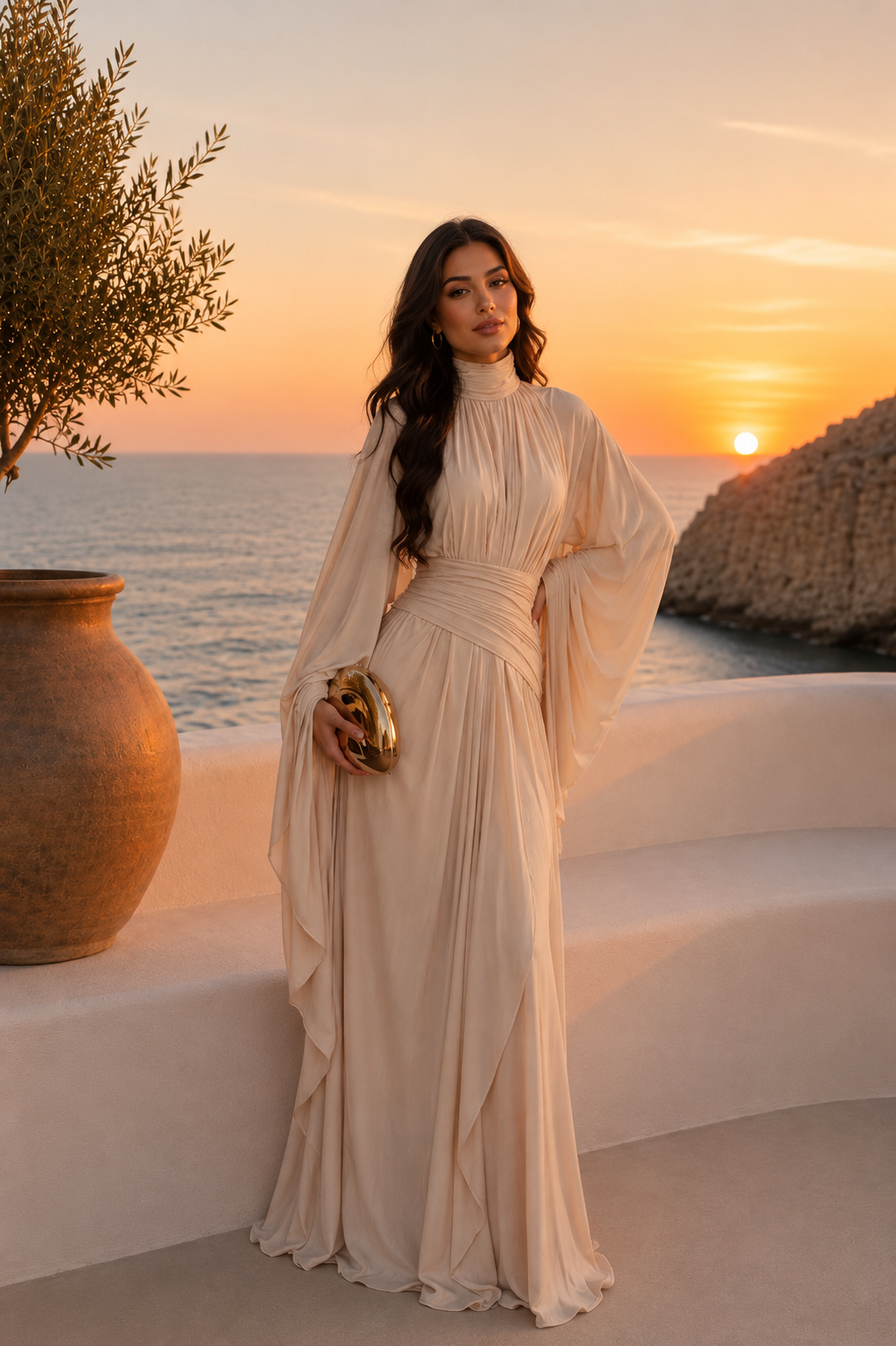 Ophelia Asymmetric Draped Evening Dress - Beige