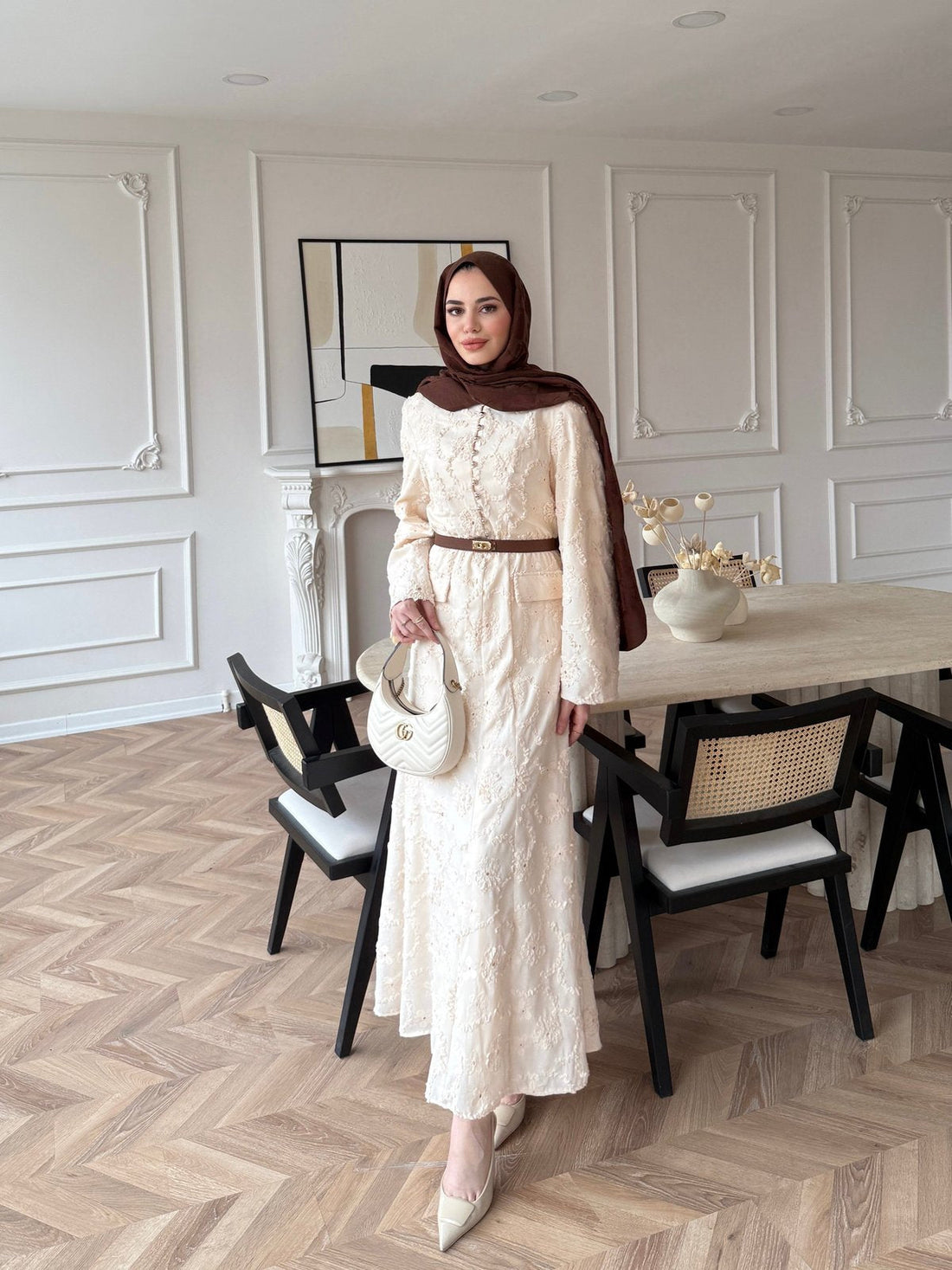 Guipure Lace Maxi Dress with Button Detail — Modest Formal Evening Wear