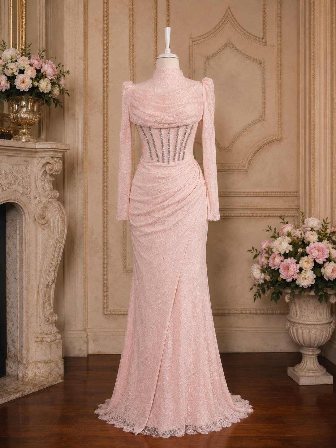 Rosalia Corset-Detail Lace Evening Gown | Pink