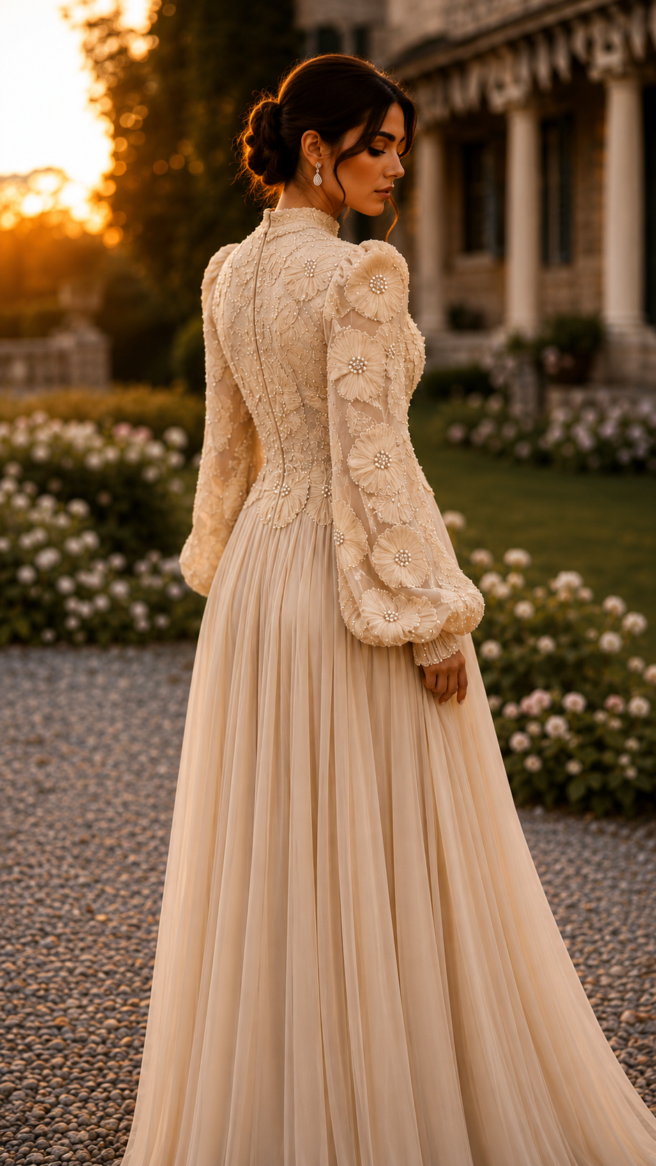 Arwen Embroidered Balloon Sleeve Gown - Beige