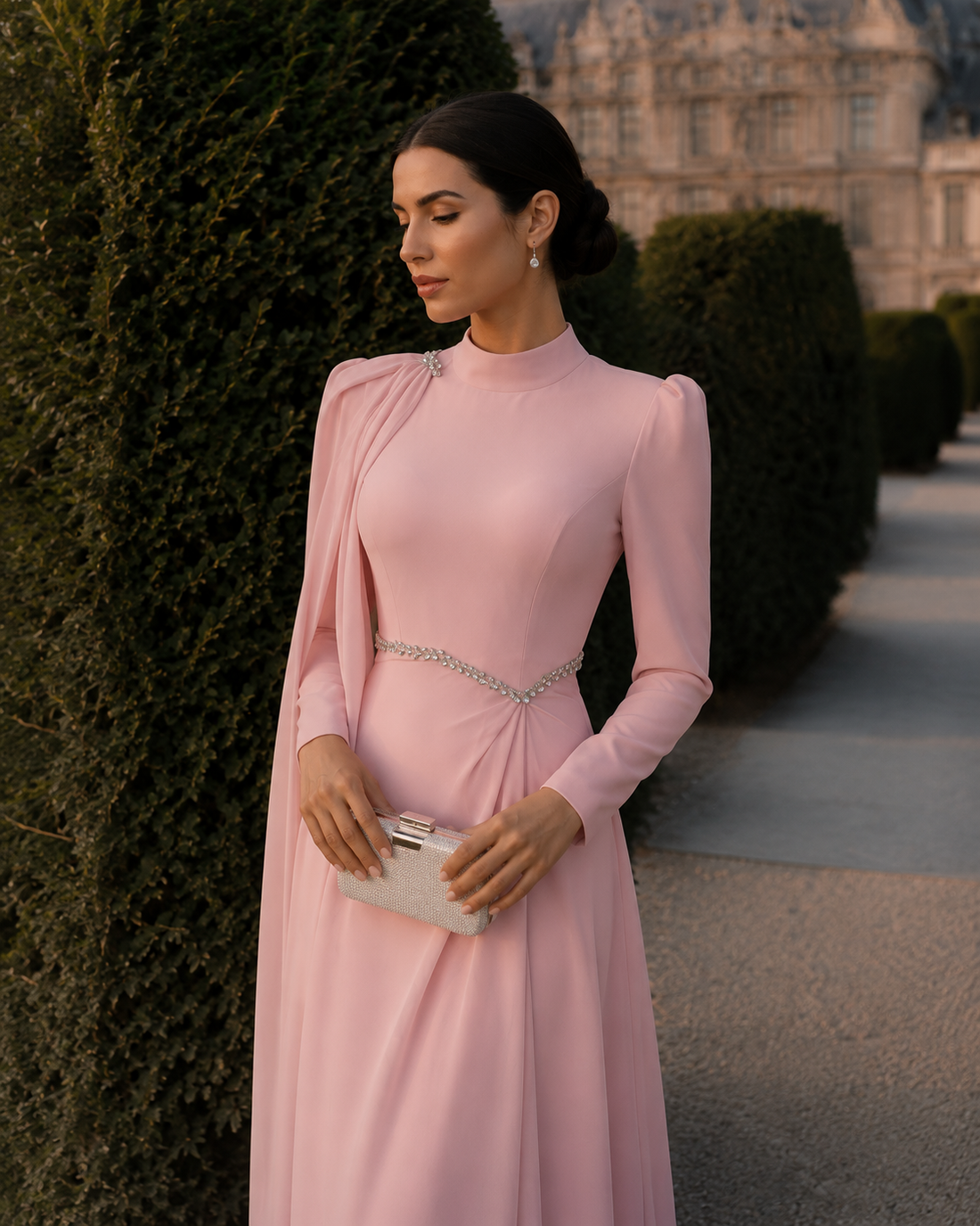 Rosie Pink Pleated Gown | Stone Embellished Cape & Belted Maxi Dress