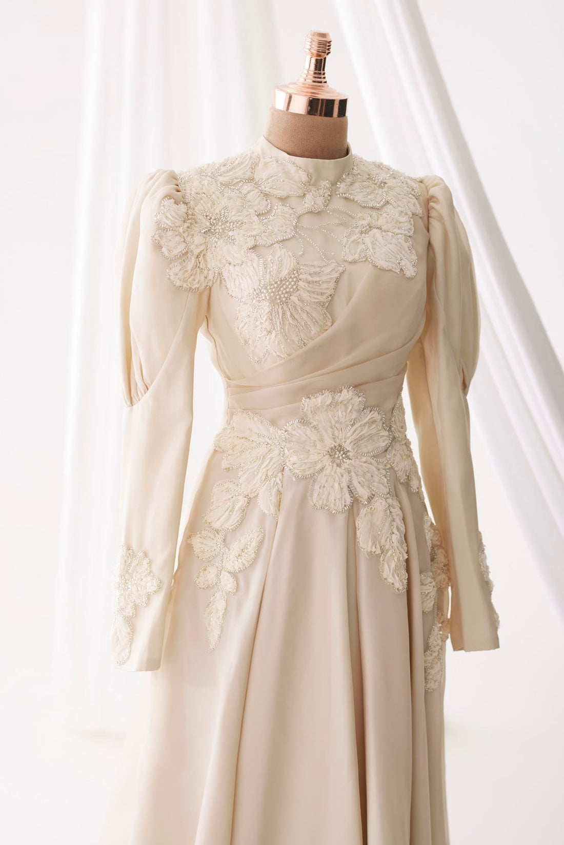 Amber Embellished Modest Evening Dress - Beige