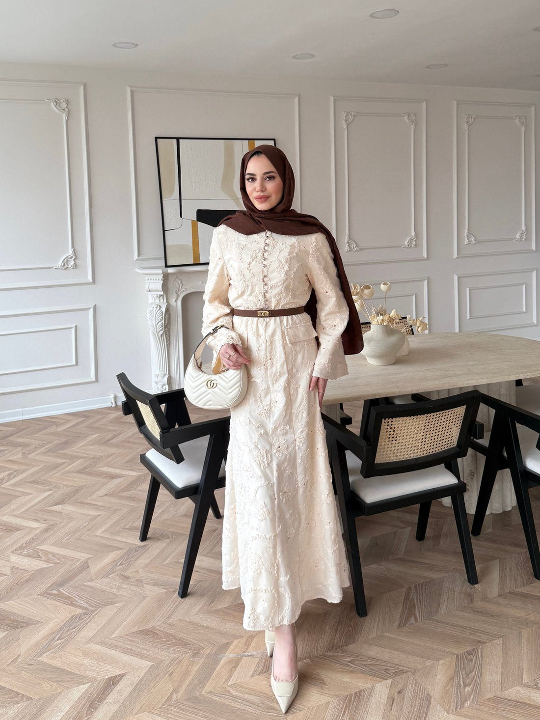 Guipure Lace Maxi Dress with Button Detail — Modest Formal Evening Wear