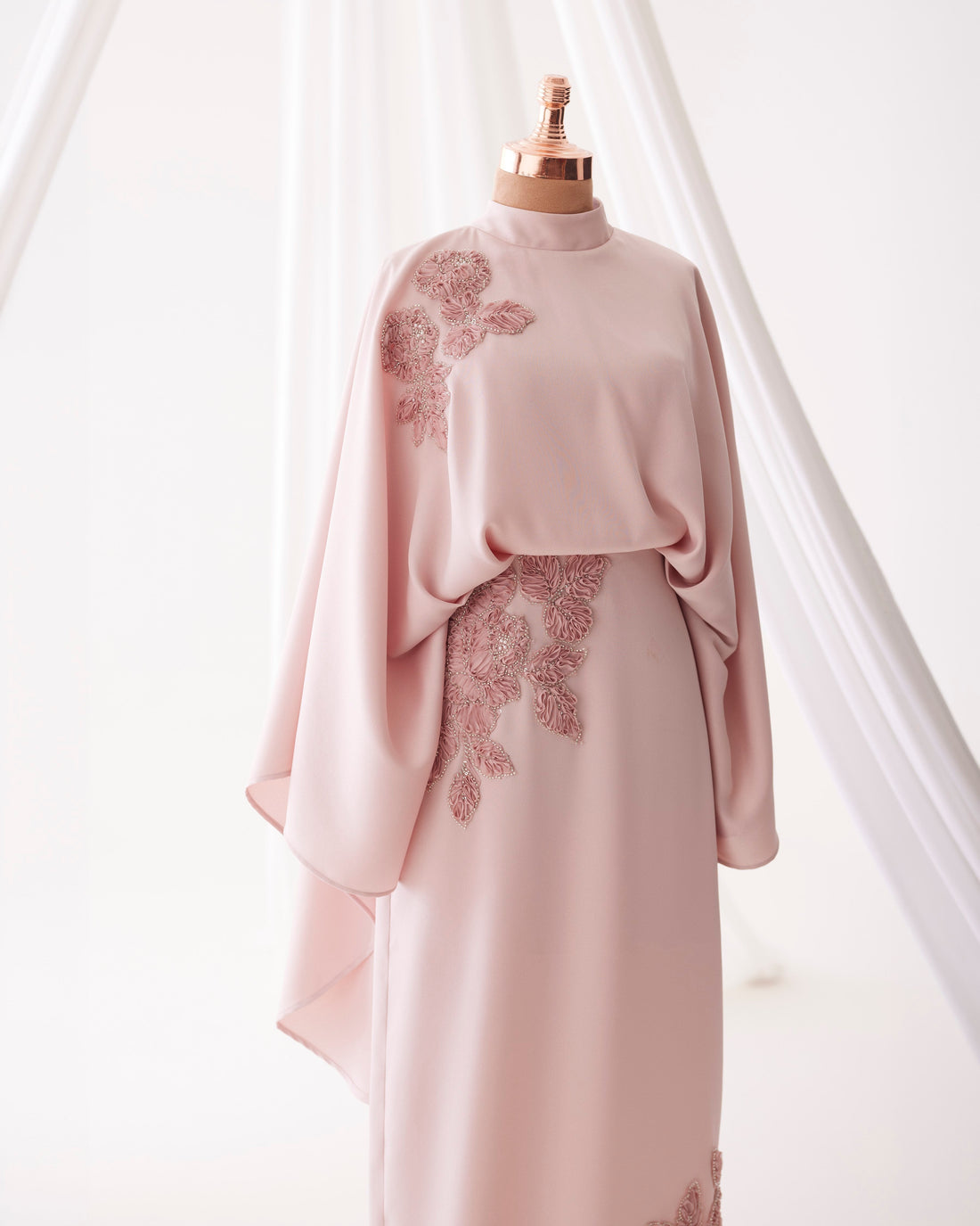 Soraya Stone-Embellished Modest Satin Cape Pencil Dress - Evening Dress - Poudra