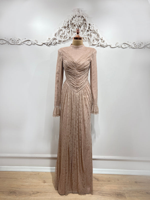 Carmen Ruched Lace Modest Evening Gown- Beige