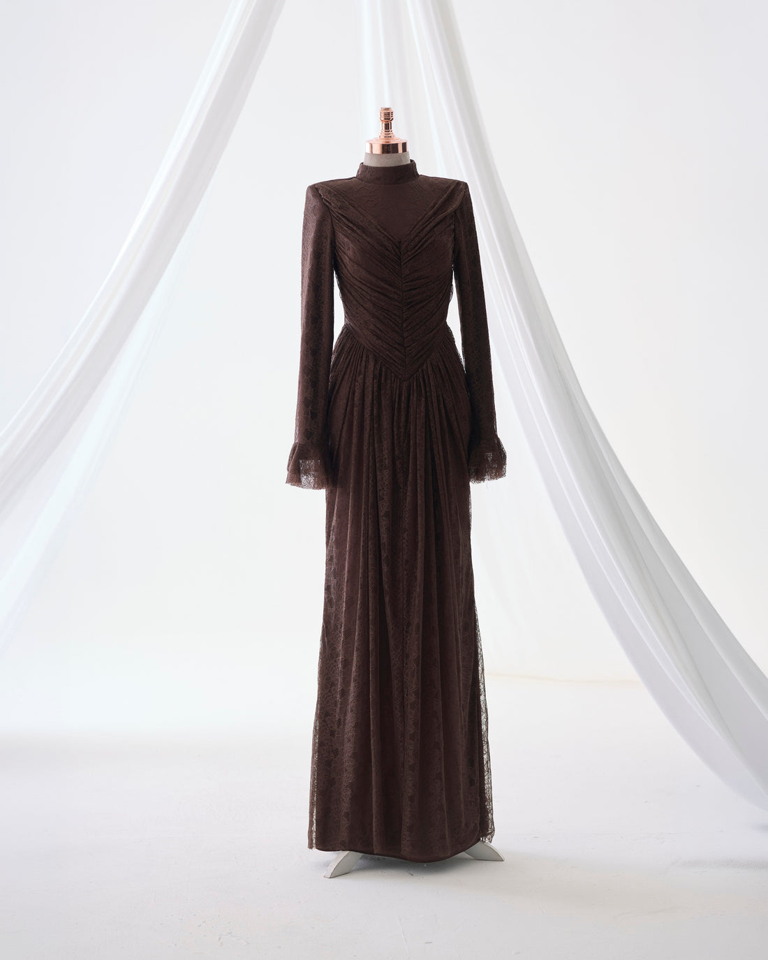 Carmen Ruched Lace Modest Evening Gown- Brown