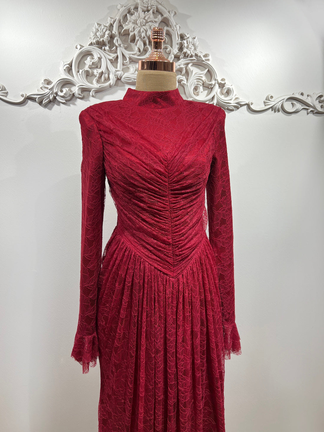 Carmen Ruched Lace Modest Evening Gown- Red