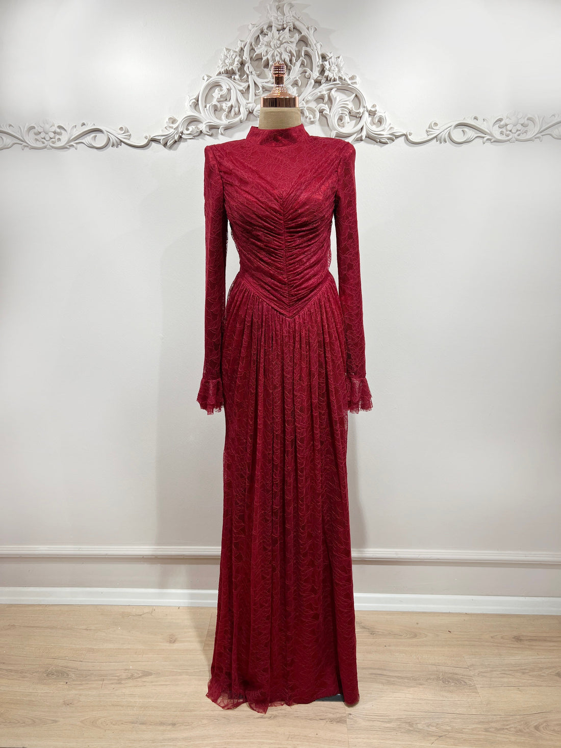 Carmen Ruched Lace Modest Evening Gown- Red