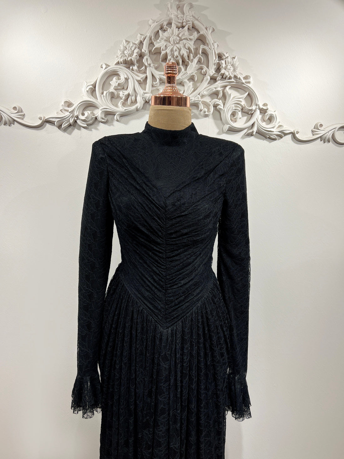 Carmen Ruched Lace Modest Evening Gown- Black