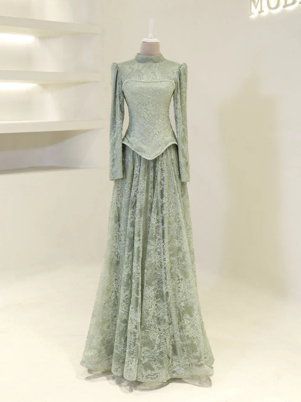 Lace Corset Modest Evening Gown - Mint