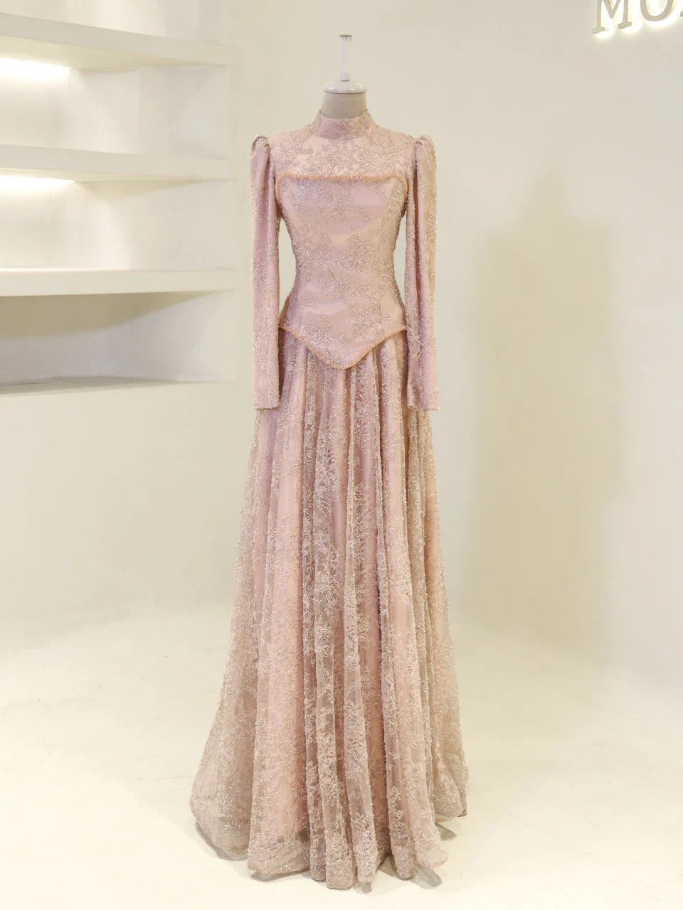 Lace Corset Modest Evening Gown - Poudra