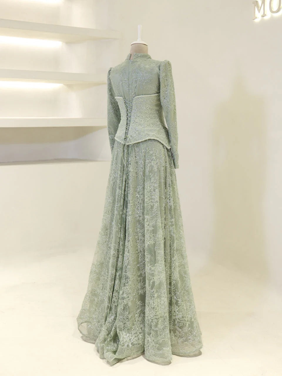 Lace Corset Modest Evening Gown - Mint