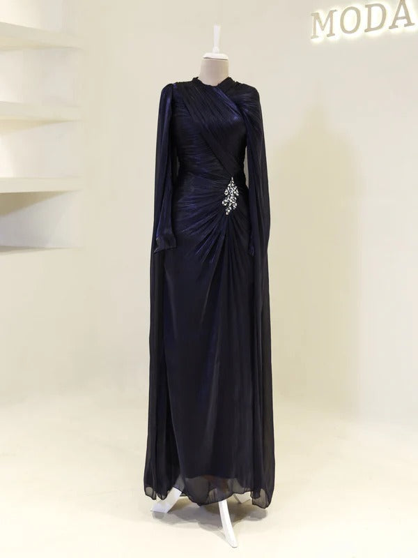 Fairuz Evening Dress with Cape Detail - Navy Blue