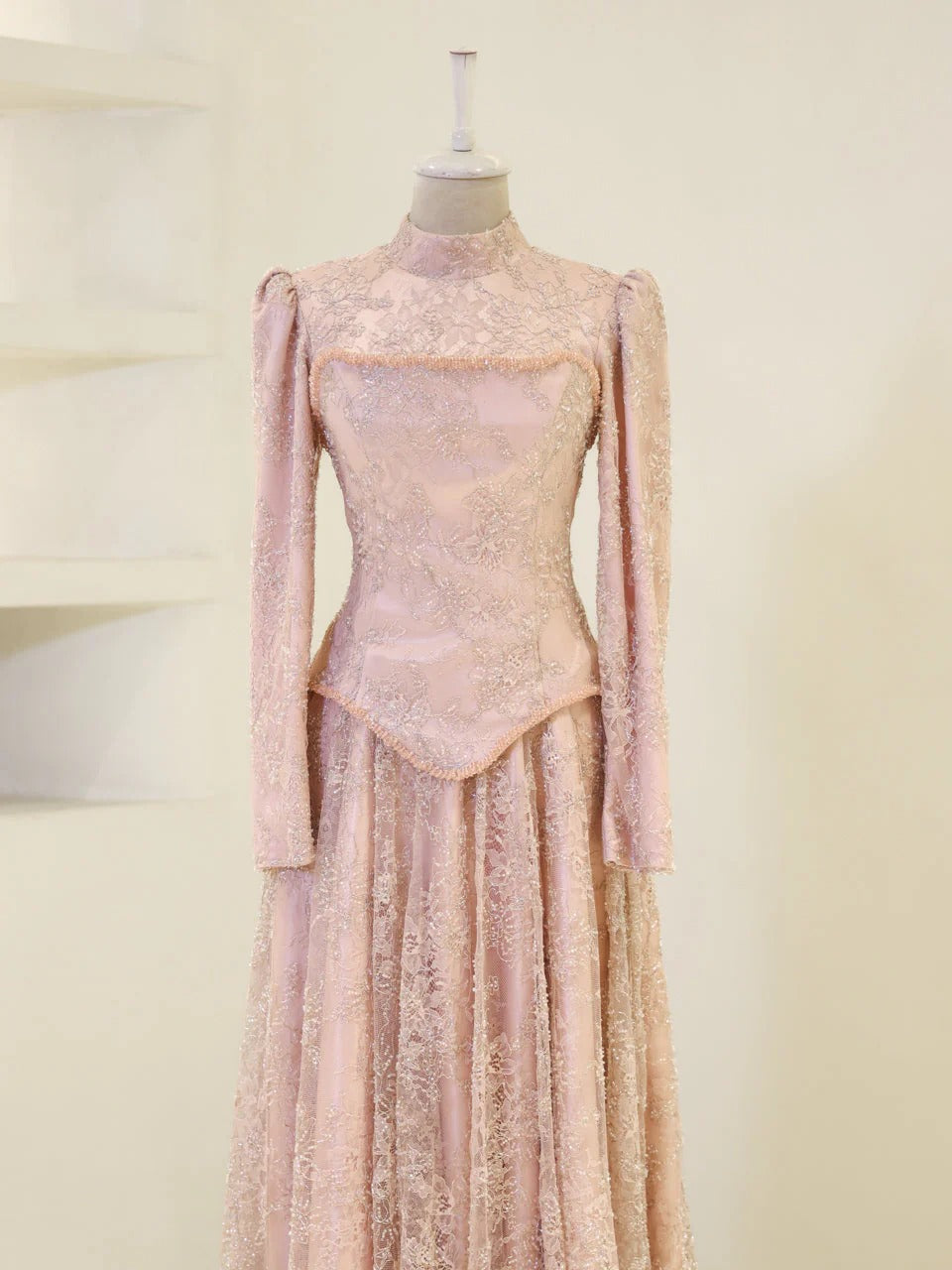 Lace Corset Modest Evening Gown - Poudra