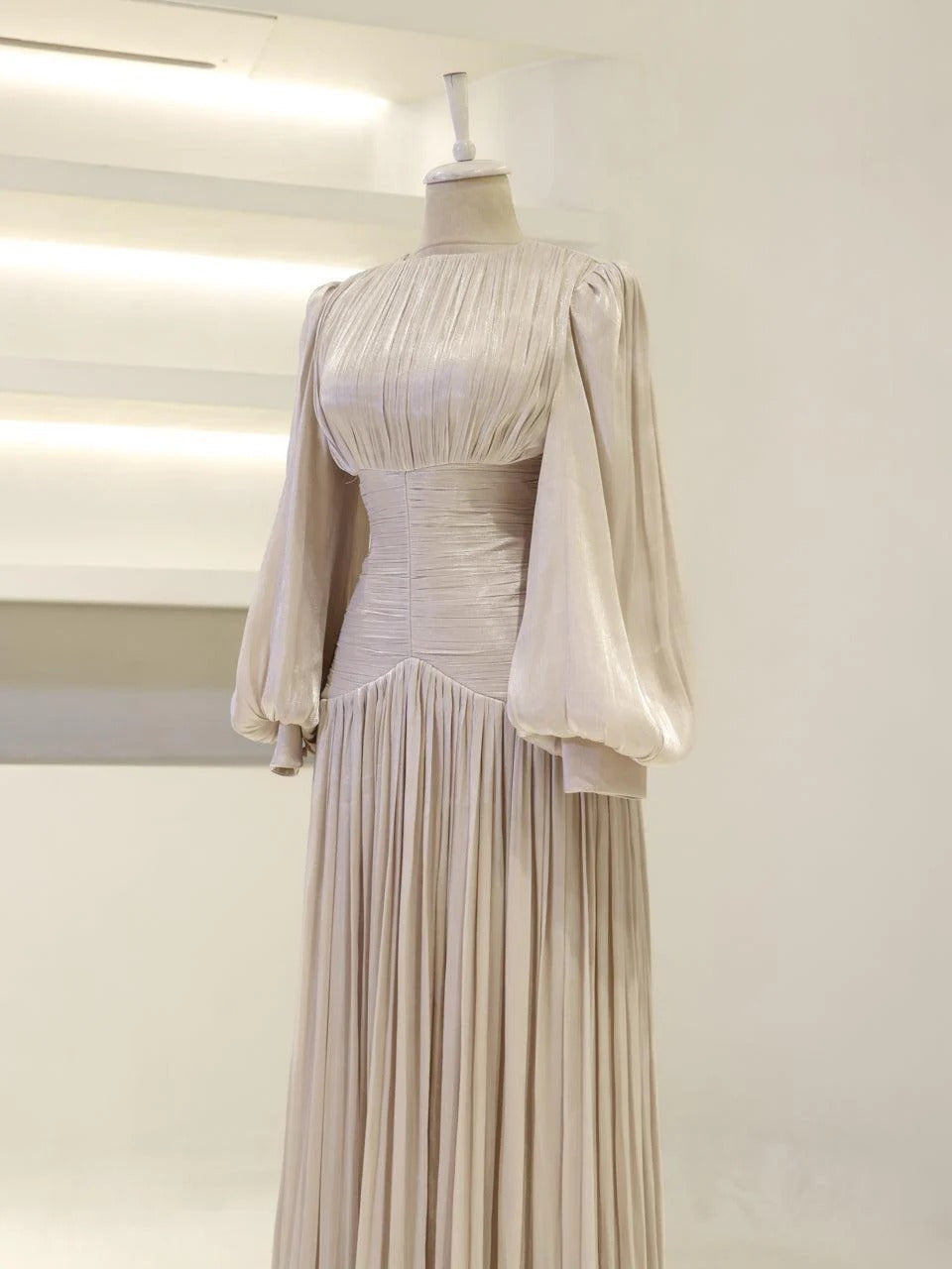 Shimmering Orchid Modest Evening Dress - Flare Pleated Gown - Beige