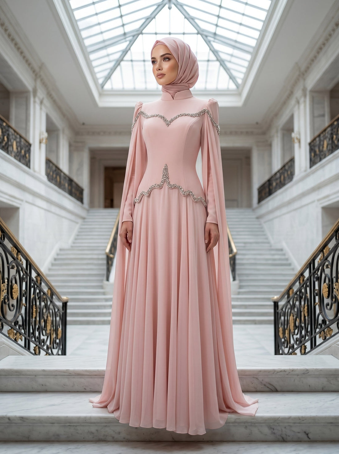 Stone-Embellished Corset Bodice Cape Sleeve Formal Dress- Poudra