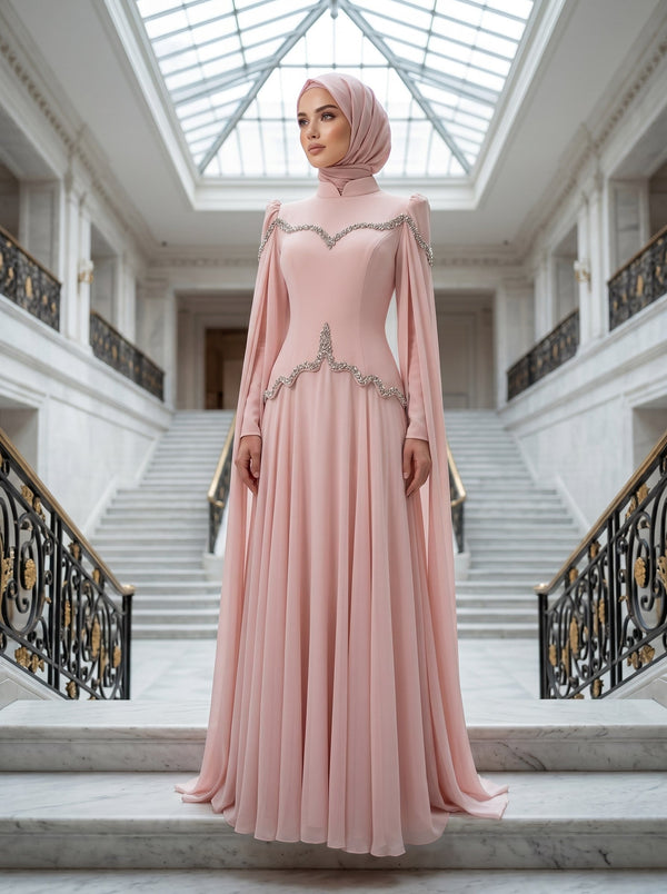 Stone-Embellished Corset Bodice Cape Sleeve Formal Dress- Poudra