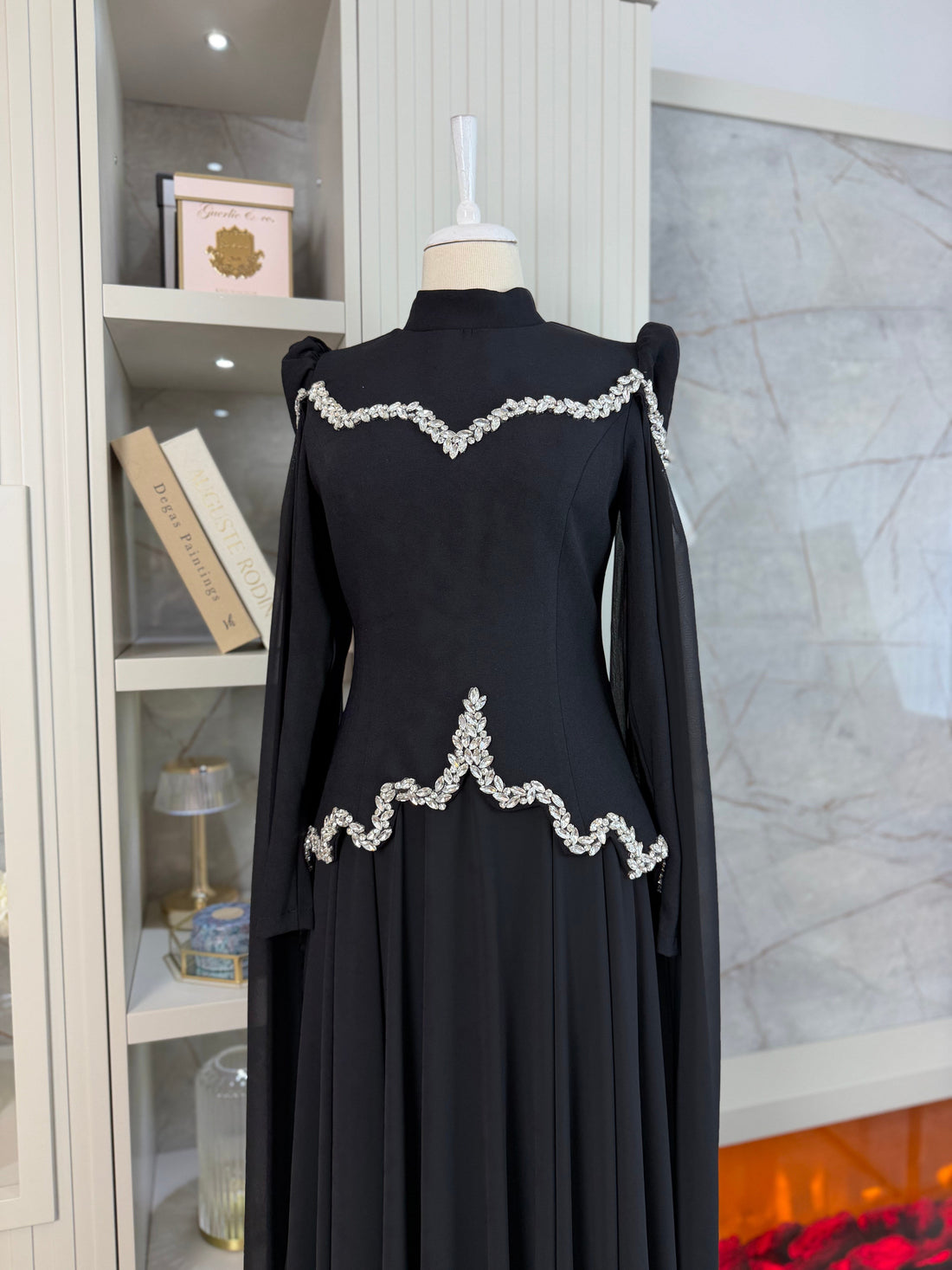 Stone-Embellished Corset Bodice Cape Sleeve Formal Dress