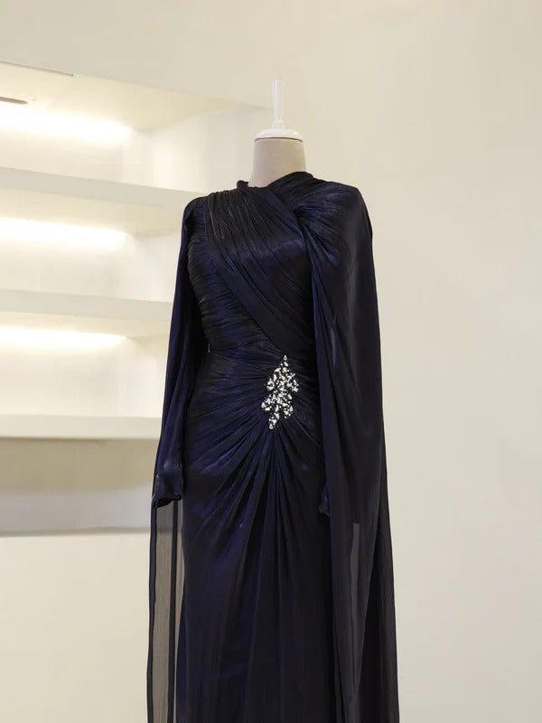 Fairuz Evening Dress with Cape Detail - Navy Blue