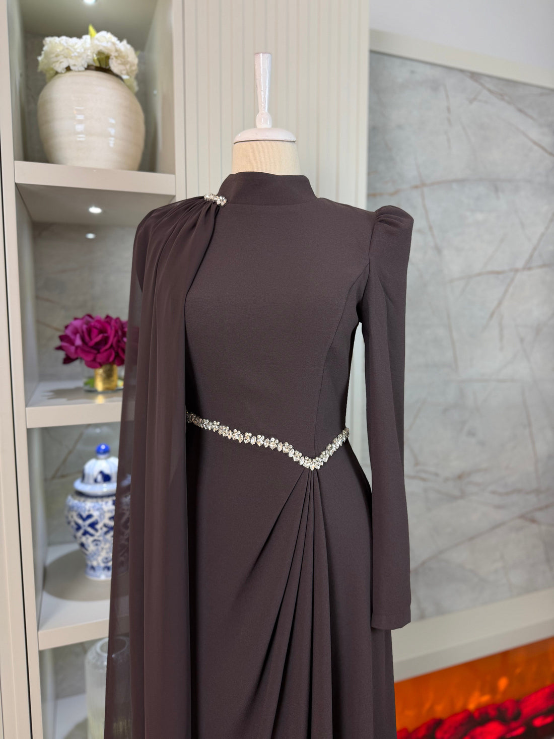 Rosie Brown Pleated Gown | Stone Embellished Cape & Belted Maxi Dress