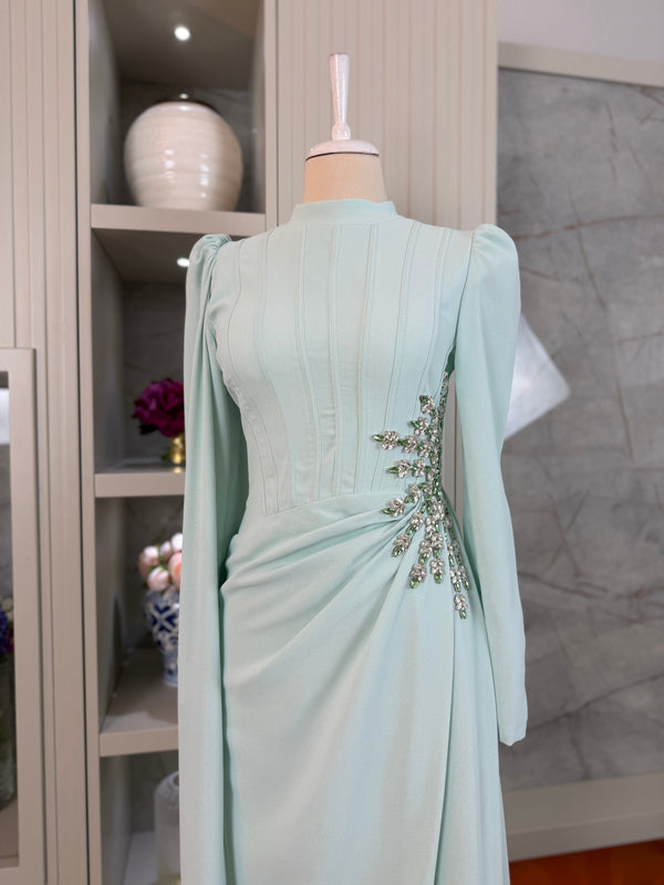 Blue Beaded Long Sleeve Evening Gown