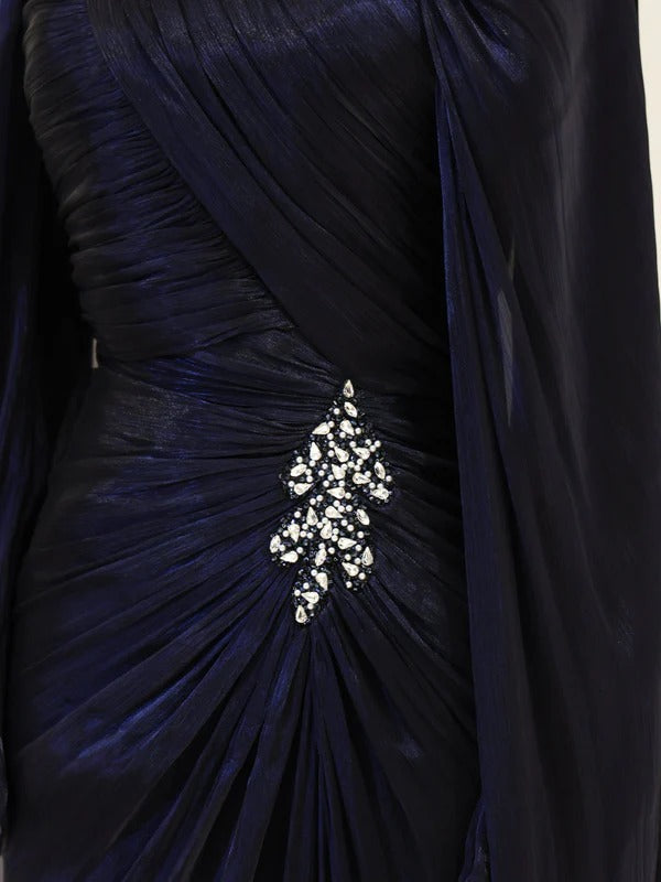Fairuz Evening Dress with Cape Detail - Navy Blue