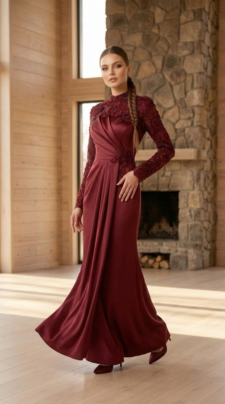 Maryam Burgundy Evening Gown | Modest Long Sleeve Formal Dress