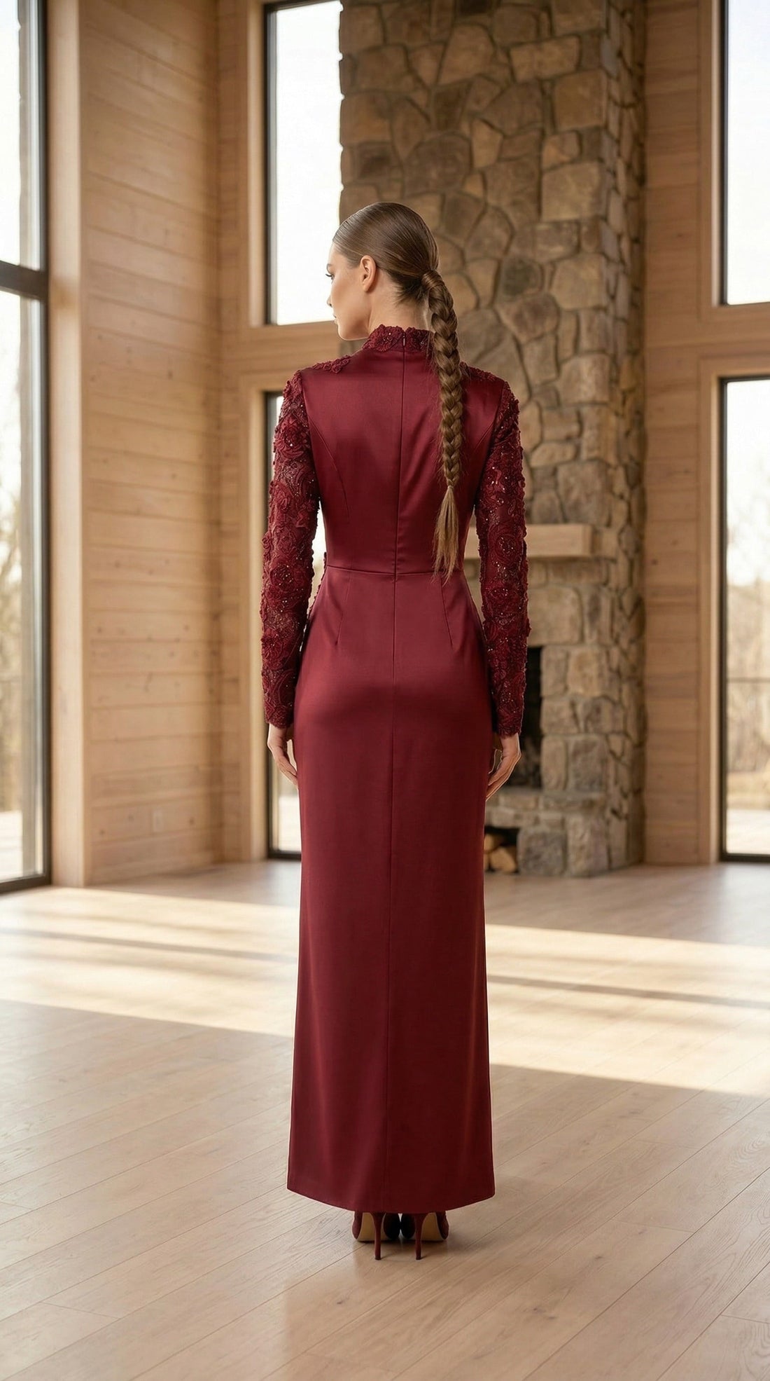 Maryam Burgundy Evening Gown | Modest Long Sleeve Formal Dress
