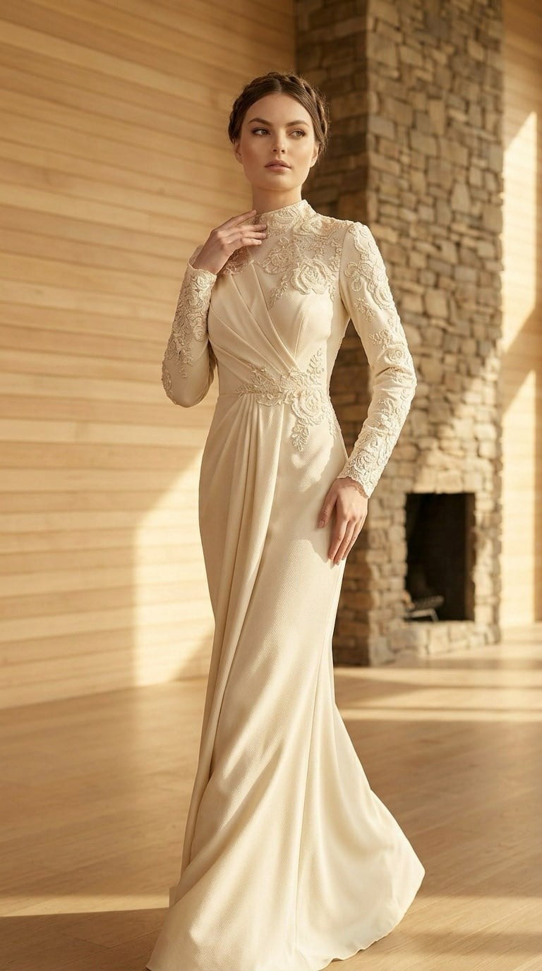 Maryam Cream Evening Gown | Modest Long Sleeve Formal Dress