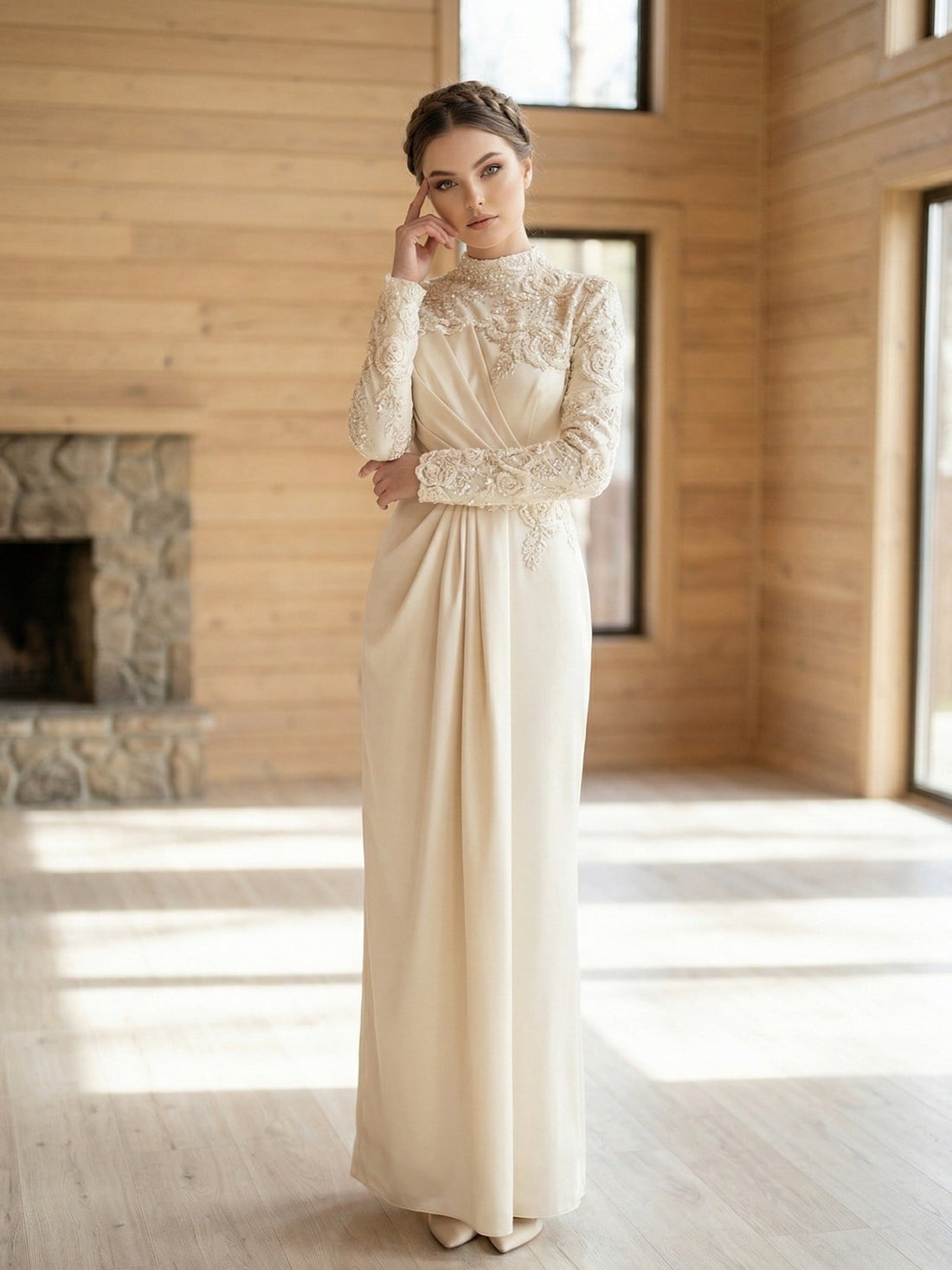 Maryam Cream Evening Gown | Modest Long Sleeve Formal Dress