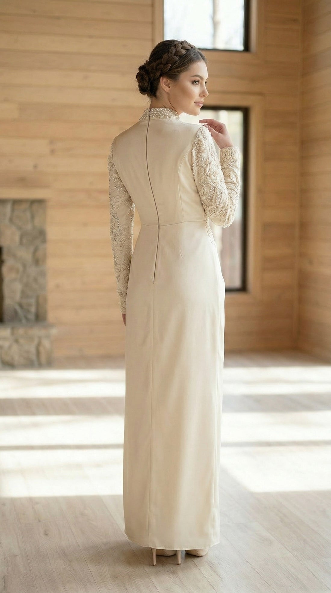 Maryam Cream Evening Gown | Modest Long Sleeve Formal Dress