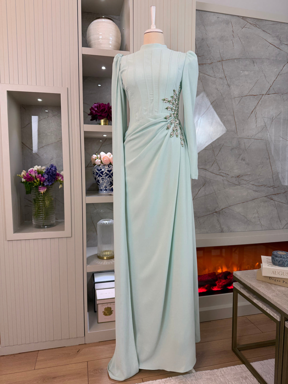Blue Beaded Long Sleeve Evening Gown