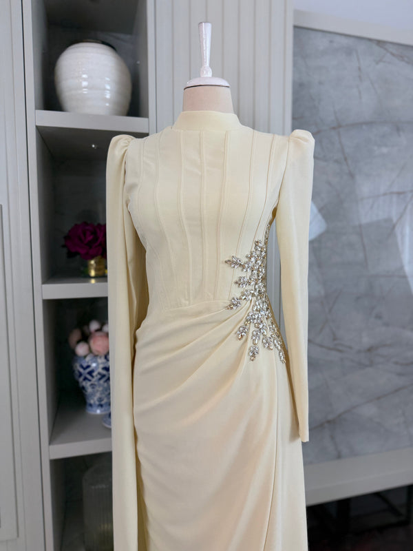 Yellow Beaded Long Sleeve Evening Gown