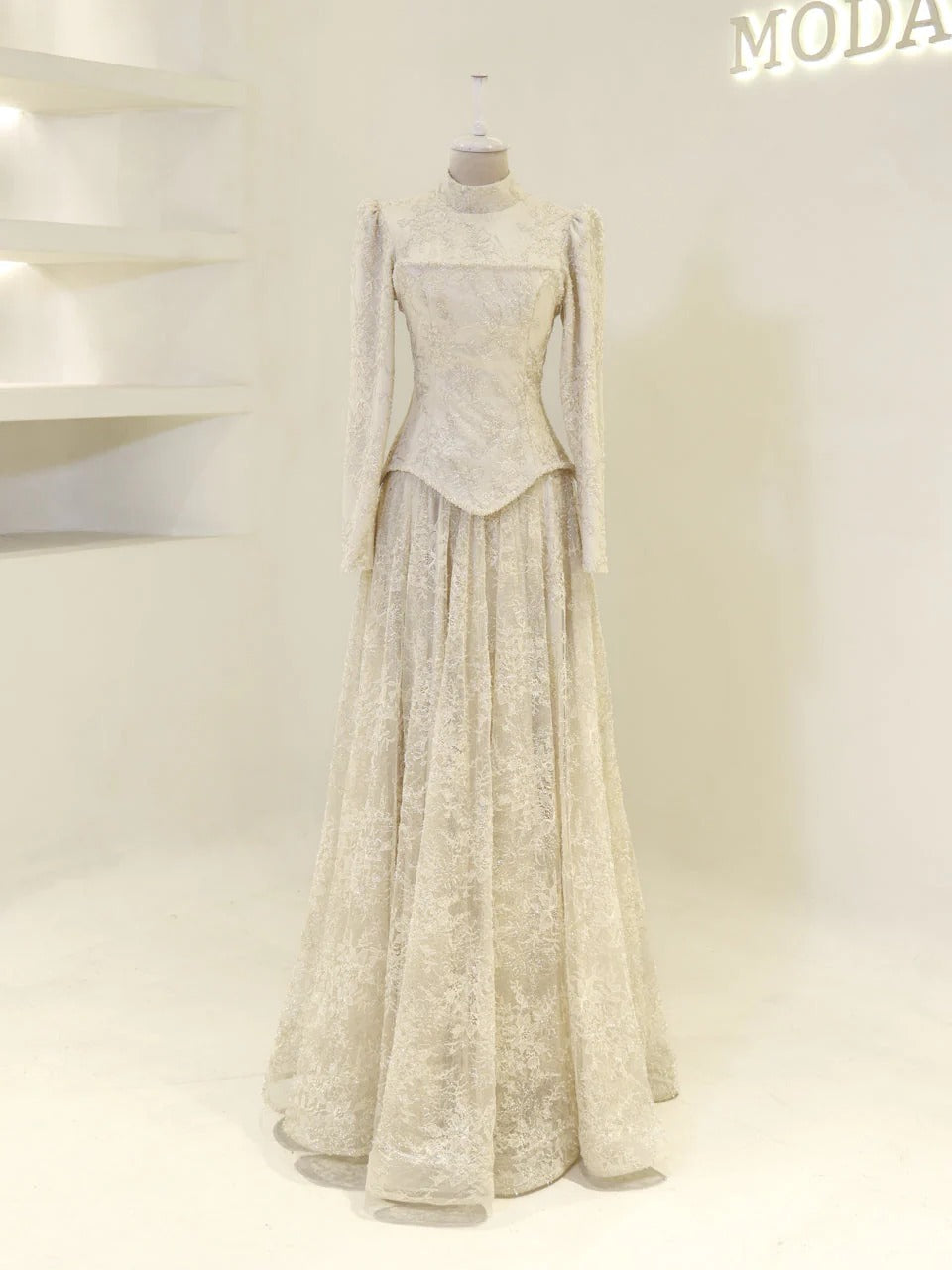 Lace Corset Modest Evening Gown - Beige