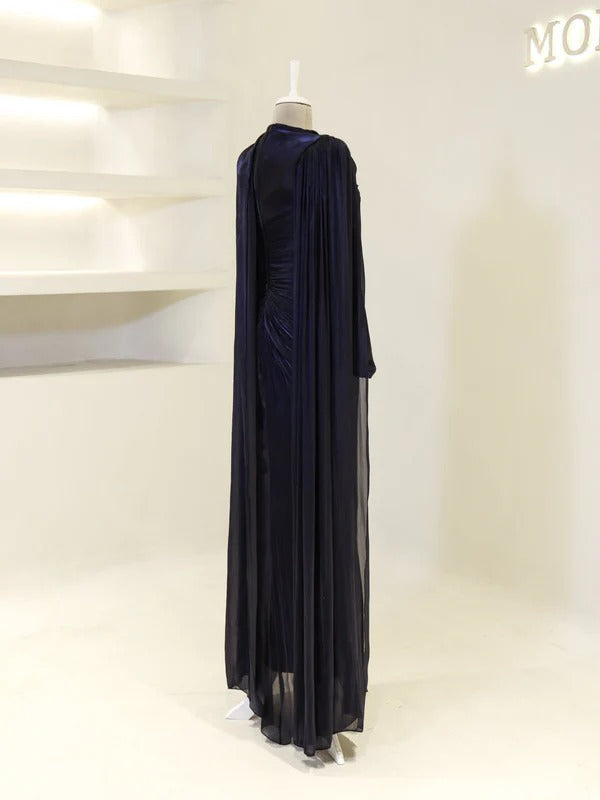 Fairuz Evening Dress with Cape Detail - Navy Blue