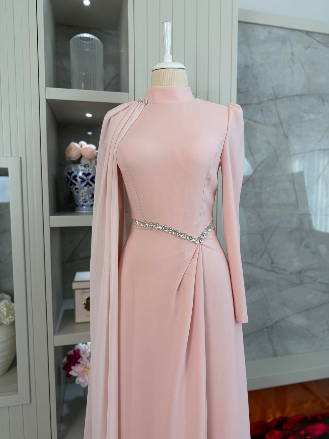 Rosie Pink Pleated Gown | Stone Embellished Cape & Belted Maxi Dress